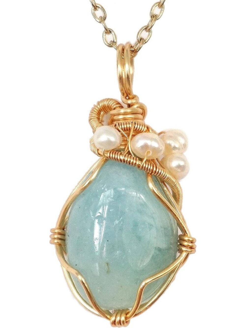 Handmade Gold Gemstone & Pearl Necklace, Birthstone Jewelry, Long Pendant Gift